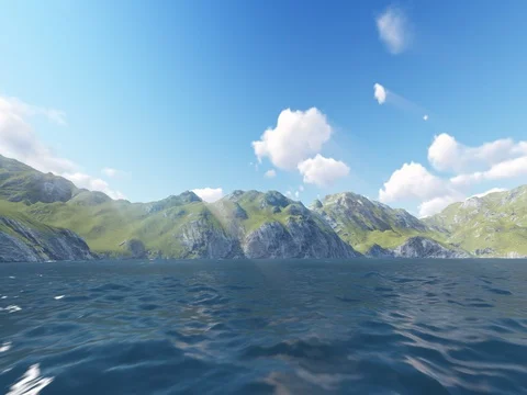Fly Over The Ocean To The Mountain, beautiful animation of an oceanic landscape Stock Footage 72652045