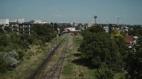 A fly over an old railway system in a post soviet town. Stock Footage 77155416