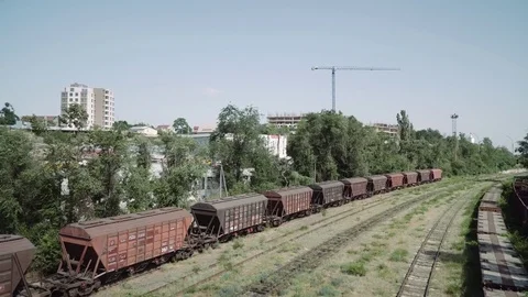 A fly over an old railway system in a post soviet town. Stock Footage 77155473
