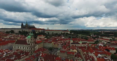 Fly over the old town of Prague. Beautiful view of Prague Castle. Cloudy. Stock Footage 61083548