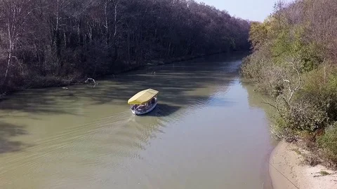Fly over a river boat for a walk Stock Footage 81608357