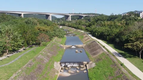 Fly over a river surrouned by trees and trails Video stock 101649239