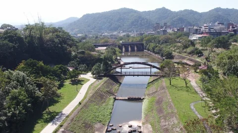 Fly over a river surrouned by trees and trails Video stock 101653319