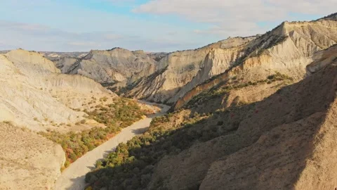 Fly over scenic panoramic view of beautiful unique rock formations in georgia Stock Footage 148193256