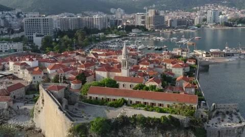 Fly over shingles roofs Budva old town, Stock-Footage 234019663