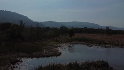 Fly over small pond with mountain view drone shot in Khao Yai, thailand Stockbeeldmateriaal 148847336
