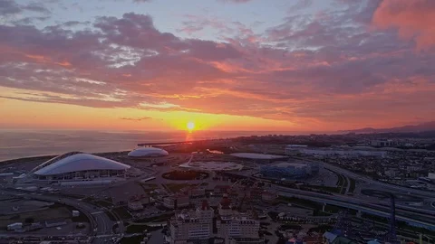 Fly over Sochi Olympic Park, Fisht stadium during amazing sunset Video stock 112012494