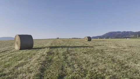 Fly over straw bales. Mountains in the background. Stock Footage 281006346