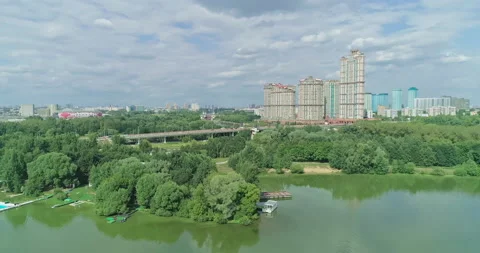 Fly over Stroginsky Bay, freeway, buildings, skyscrapers, park, staduim Stock Footage 158125958