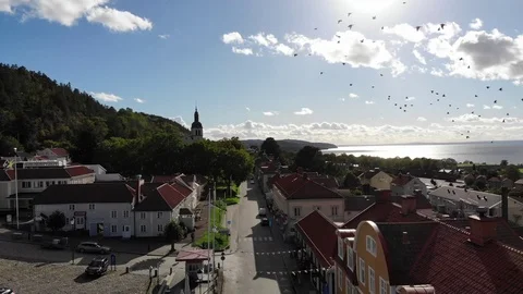 Fly over Swedish town of Granna Stock Footage