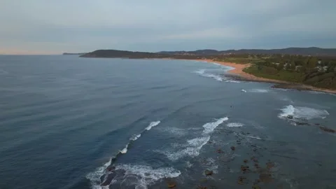 Fly Over Toowoon Bay Reef Towards Shelley Sunrise Video stock 312858952