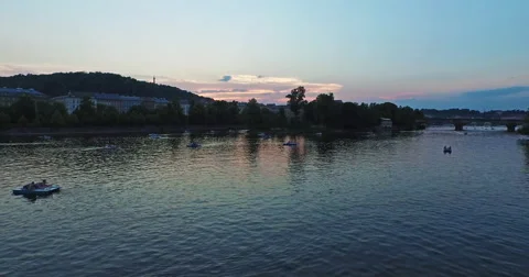 Fly over the Vltava river in Prague, the Czech Republic at sunset. Stock Footage 61077501
