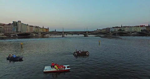 Fly over the Vltava river in Prague, the Czech Republic at sunset. Stock Footage 61082111