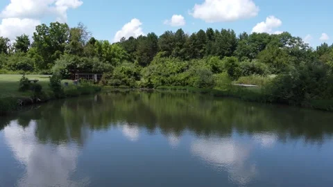 Fly over water in small pond 4k Stock Footage 158698260