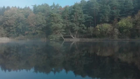Fly over water surface of pond with fog during golden hour Stock Footage 140990262