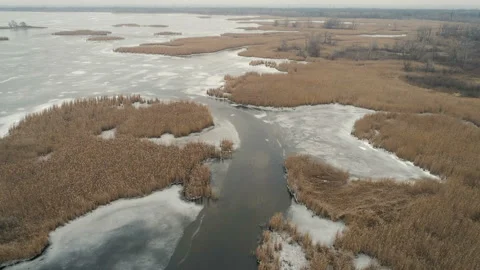 Fly Over Winter Lake Or River With Ice Floes. Stock-Footage 101808385