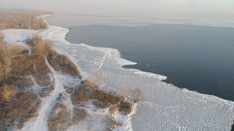 Fly Over Winter Lake Or River With Ice Floes. Stock Footage 123200651