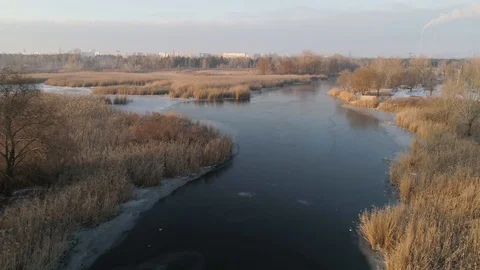Fly Over Winter Lake Or River With Ice Floes. 스톡 동영상 123200665