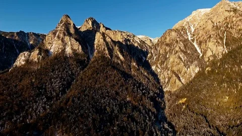 Fly over winter mountain forest at sunrise with blue sky Video stock 73208724