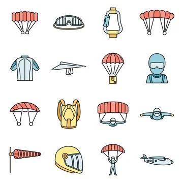Fly parachuting icons set vector color line イラスト素材