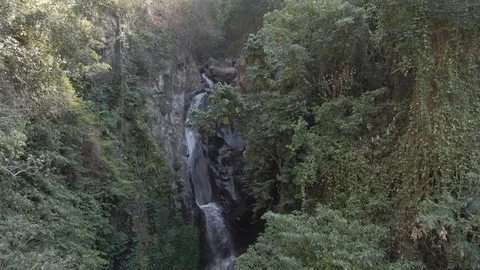 Fly parallel to a hidden green waterfall Yeh Mempeh, Bali in a rainforest Stock-Footage 121853158
