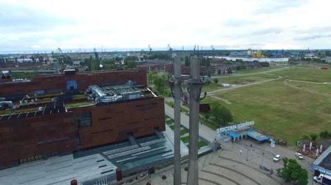 Fly past of three crosses in front of the Gdansk shipyard // AERIAL FOOTAGE// 03 Stock Footage 61730502