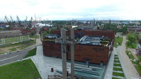 Fly past of three crosses in front of the Gdansk shipyard // AERIAL FOOTAGE// Stock Footage 61730513