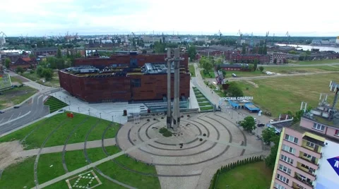Fly past of three crosses in front of the Gdansk shipyard // AERIAL FOOTAGE// 02 Stock Footage 61730544