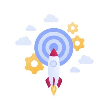 Fly rocket in sky aim target. Gear wheel engineering symbol Ilustración de archivo