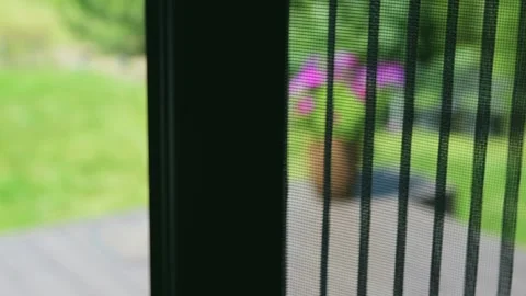 Fly screen door closing, mesh net for bugs and mosquitoes. Stock Footage 245004142
