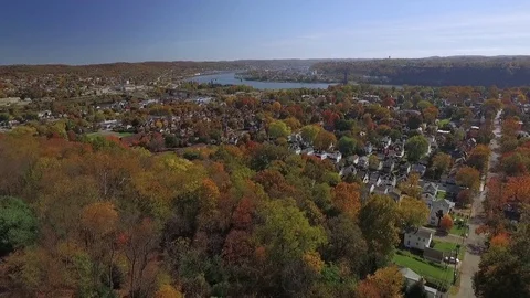 Fly by shot of Beaver, Pa featuring Fall foliage Stock Footage 71272784