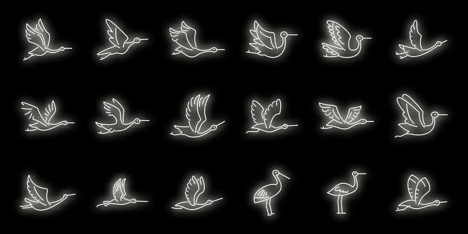 Fly stork icons set vector neon Stock Illustration