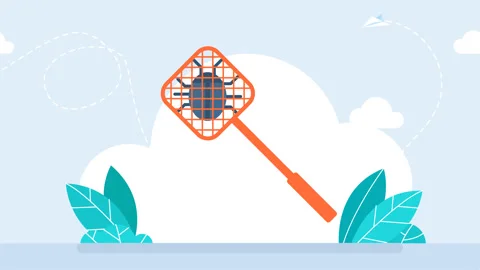 Fly swatter with a dead bug. Kill bugs. Removing malicious applications. Carton Stock Footage 266222950