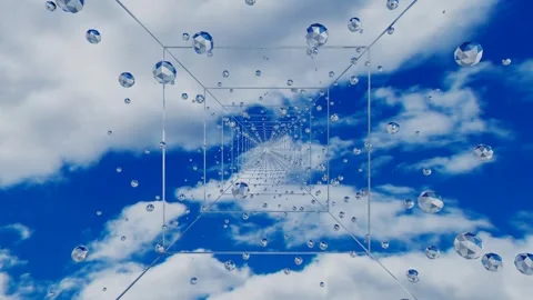 Fly through abstract tunnel made of cubic wireframe with rotating low poly spher Stock-Footage 308873180