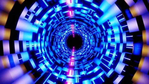Fly through creative space with neon glow. Sci-fi flight through technology Video stock 256784369
