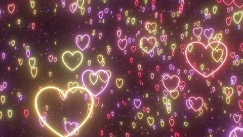 Fly Through Curved Path Of Valentines Day Love Heart Neon Glow Shapes Stock Illustration