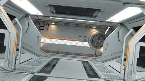 Fly through door of realistic 3D rendering sci-fi spaceship corridor Stock Footage 163620510