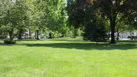 Fly through a downtown green with large trees on a sunny day - aerial approach Stock Footage 160999768