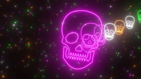 Fly Through Human Skull Face Shaped Neon Lights Glowing Curved Tunnel Stock-Footage 343327588