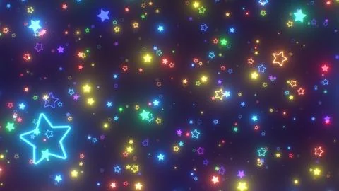 Fly Through Millions Of Rainbow Colored Neon Glow Rounded Star Shapes Stock Photos