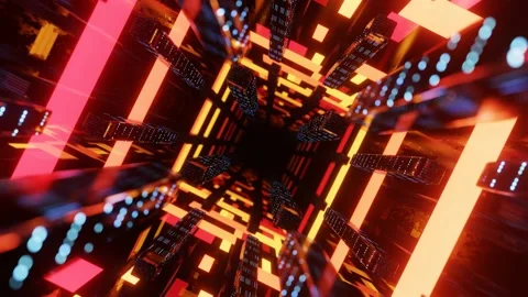 Fly through mirror designs form tunnel technology cyberspace with neon glow. Sci Stock Footage 195957738
