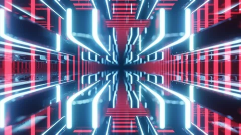 Fly through mirror designs form tunnel technology cyberspace with neon glow. Sci Stock Footage 275876354