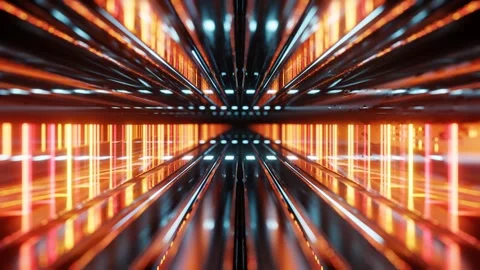 Fly through mirror designs form tunnel technology cyberspace with neon glow. Sci Stock Footage 279746721