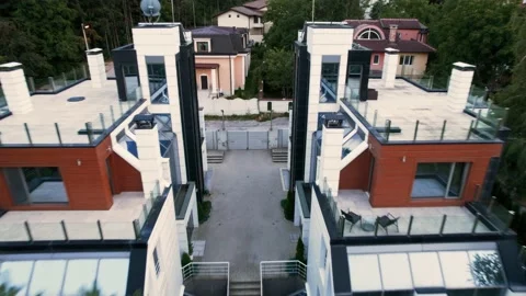 Fly Through Modern Housing Complex Cloudy Day FPV Rise Stock Footage 235659111