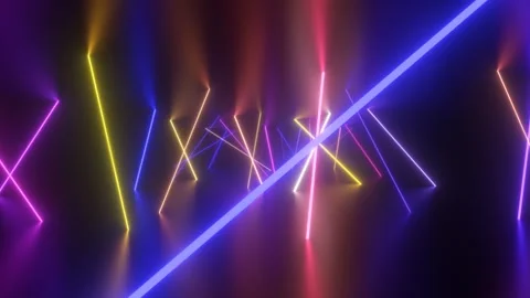 Fly Through Neon Glow Angled Laser Beams Illuminating 3D Tunnel Room Stock Footage 255804640
