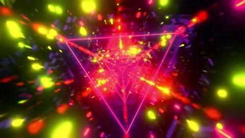 Fly through a neon triangle tunnel with vibrant colors and dynamic movement for Stock Footage 321395660