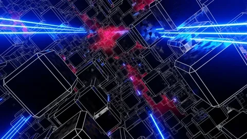 Fly through a neon tunnel with cubes with hyper-acceleration and rotation. Video stock 159325945