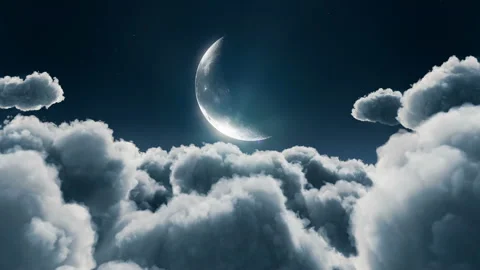 Fly-through night clouds towards crescent moon Stock Footage 162118183