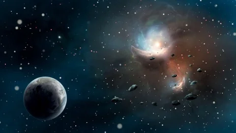 Fly through owl nebula in space, planet and asteroids Video stock 79072101