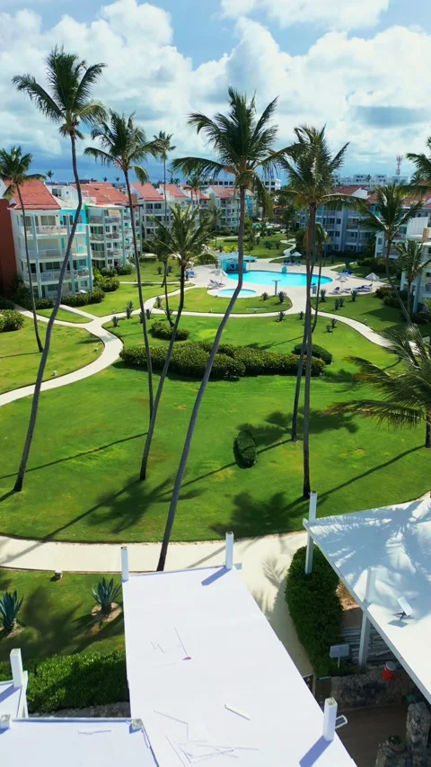 Fly-through palm trees towards luxury tropical residential estate, swimming pool Stock-Footage 309941184